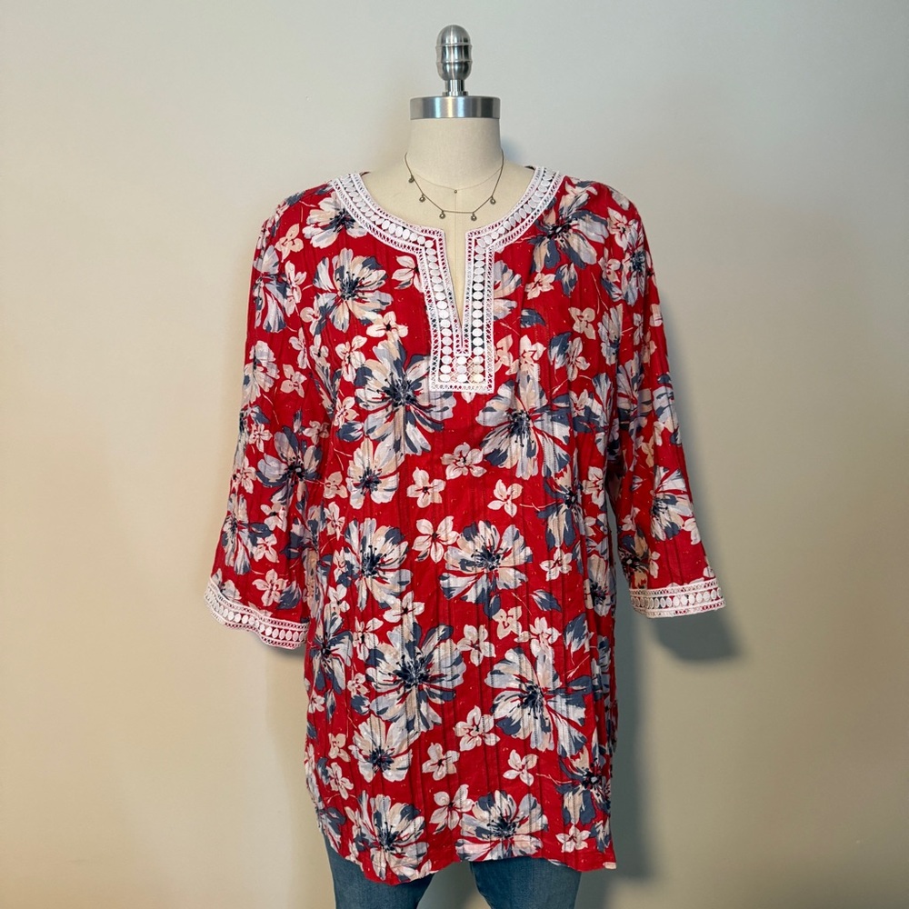 Red Floral Lace Trim Blouse